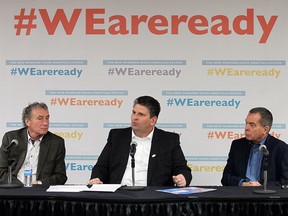 Bob Renaud, David Musyj and Dave Cooke (left to right) take part in a press conference at Windsor Regional Hospital in Windsor on Thursday, Jan. 28, 2016. The trio announced a portion of a pending lawsuit has been dropped which allows the hospital to continue with plans for a new regional hospital. A separate part of the lawsuit that seeks $10 million in damages remains however.