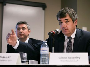 Glenn Ackerley, Fairness Advisor, and Drazen Bulat, left, answer questions at a press conference at Windsor Regional Hospital - Met Campus, Thursday, Jan. 7, 2016, to discuss the process used to select the new hospital location.