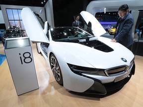 The The BMW i8 is shown on Monday, Jan. 11, 2016, at the North American International Auto Show in Detroit, Mich.