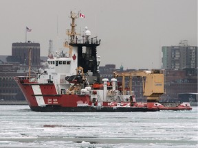 The Canadian Coast Guard icebreaker Samuel Risley cruises up the Detroit River on Thursday, Jan. 21, 2016, in Windsor. Compared to last winter, one of the toughest ice breaking seasons in decades, 2016 has been far less challenging.