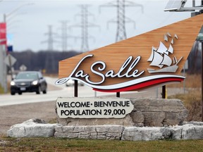 A Town of LaSalle welcome sign is displayed on Laurier Parkway in LaSalle.