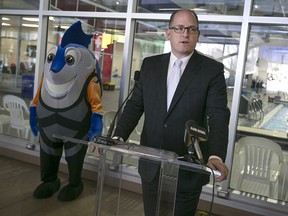 Windsor Mayor Drew Dilkens is joined by FINA mascot Splasher, as he announces the launch of a Windsor Youth Leadership Team while at the Windsor International Aquatic and Training Centre, Monday, Jan. 11, 2016.
