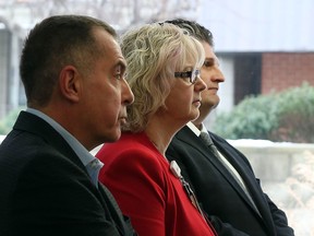 Officials involved in the process to build Windsor's new mega-hospital held a public presentation at Lifetimes on Riverside Drive East on Friday morning. From left, steering committee co-chair Dave Cooke, president and CEO of Hotel Dieu-Grace Healthcare Janice Kaffer, and Windsor Regional Hospital president and CEO David Musyj, take part in the public discussion in Windsor, Ont.