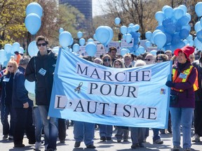 MONTREAL, QUE.: APRIL 28, 2012--Blue balloons and Brazilian drummers, and close to one thousand people marched in the Plateau Mont Royal to Parc Lafontaine, to raise awareness and funds for those with autism in Montreal, Saturday April 28, 2012. (Vincenzo D'Alto / THE GAZETTE)