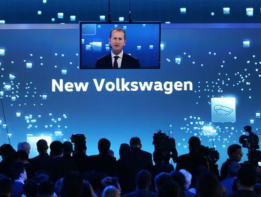 Media crowd in front of the Volkswagen stage  during the 2016 North American International Auto Show on Jan. 11, 2016 in Detroit, Mich.