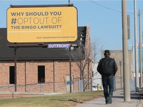 A billboard is shown on University Avenue West in Windsor, Ont., on Monday, Jan. 25, 2016, which is part of the City of Windsor and Town of Tecumseh's campaign to urge local charities to opt out of the class-action lawsuit involving bingo fees.