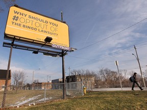 A billboard is shown on University Ave. W. in Windsor, ON. on Monday, January 25, 2016, which is part of the City of Windsor and town of Tecumseh's campaign to urge local charities to opt out of the class action lawsuit involving bingo fees.