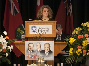 Charysse Pawley, daughter of Howard Russell Pawley, speaks at a celebration of the former Manitoba Premier's life, at the University of Windsor's Ambassador Auditorium, Saturday, Jan 9, 2016.