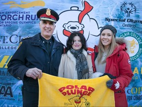 From left, Windsor police Chief Al Frederick, St. Clair president, Patti France, and SRC president, Miranda Underwood, are pictured at the announcement of the 2nd annual Polar Plunge for Special Olympics at St. Clair College, Thursday, Jan. 7, 2016.