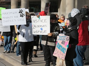 A group of protesters gather in front of the Provincial Court on Wednesday, January 6, 2016, as dog abuser Michael Hill made a court appearance. Hill's case was put over until January 11, 2016. (DAN JANISSE/The Windsor Star)