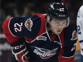 Brendan Lemieux scored his 100th regular-season goal of his OHL career on Sunday, Jan. 24, 2016 as the Spitfires beat the Sault Ste. Marie Greyhounds 5-3 in the Sault.