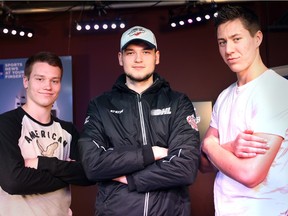 Windsor Spitfires Mikhail Sergachev, left, Logan Brown and Logan Stanley are shown at the Windsor Star News cafe on Tuesday, Jan. 19, 2016. The trio are ranked among the top 25 North American players for the 2016 NHL Draft.