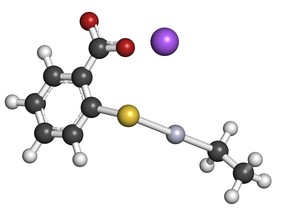Thiomersal (thimerosal) vaccine preservative, molecular model. Image by fotolia.com.