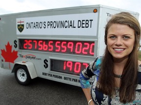 WINDSOR, ON.: AUGUST 27, 2013 -- Candice Malcolm is photographed next to the Canadian Taxpayers Federations debt clock along the riverfront in Windsor on Tuesday, August 27, 2013.          (TYLER BROWNBRIDGE/The Windsor Star)