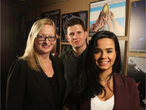 Terry Weymouth, left, Dan Brown and Nour Hachem talk about their independent video on Sunday, Jan. 24, 2016.