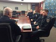 Windsor police Chief Al Frederick talks to five constables who were sworn in at Windsor police headquarters on Tuesday, Jan. 6, 2016.