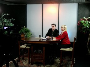 Windsor-Essex mystery writer John Schlarbaum (left) with Veronique Mandal (right), host of The Write Stuff - a new local literature show on Leamington community TV.