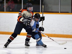 Massey Mustangs Jacob Cummings, right, defends against Sandwich Sabres Colin Chappus in senior boys high school hockey at South Windsor Arena  Feb. 8, 2016.