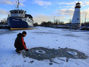 Ice fisher Ilija Petrovski spent the day on the ice at Little River but the fish were not cooperating Wednesday Feb. 17, 2016.