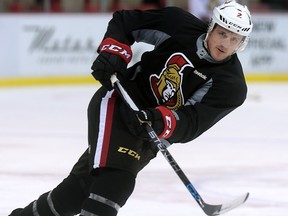 Former Toronto Maple Leaf captain Dion Phaneuf joined his new Ottawa Senator teammates at the Joe Louis Arena in Detroit, MI. on Wednesday, February 10, 2016 after a multi-player trade Tuesday. He is shown during a morning skate with the team.(DAN JANISSE/The Windsor Star)