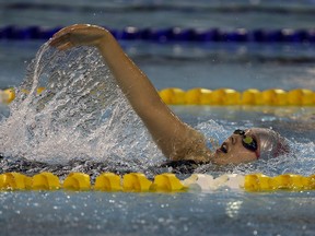 Chelsey Johnston of Wallaceburg Tartans wins 100 meter backstroke event during SWOSSAA swim meet at Windsor International Aquatic and Training Centre Monday February 23, 2016. (NICK BRANCACCIO/Windsor Star)