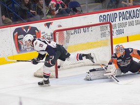 Christian Fischer scores against the Flint Firebirds. (Rena Laverty Photography and Design)