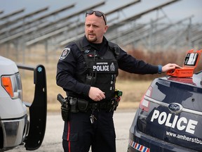 Amherstburg Senior Constable Don Zimmerman is wearing a body worn video camera during an incident on Concession 2, Tuesday February 2, 2016. (NICK BRANCACCIO/Windsor Star)