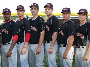 Seven players from the Windsor Selects baseball team have received scholarships. From left, Jakob Radjenovich (Grace College), Noah Renaud (Indian Hills Colelge), Shane Paradis (Northern Kentucky University), Mitchell Clark (Canisius University), Jeremy Orton (Madonna University), Matt Bondy (Siena Heights University) and Matt Krutsch (Indian HIlls College). (DAN JANISSE/The Windsor Star)