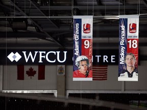 Windsor Spitfire banners for Adam Graves and  Mickey Renaud are displayed at the WFCU Centre in Windsor, Ont. int his 2008 file photo.