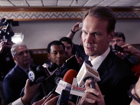 Former Detroit Red Wings defenseman Nick Lidstrom addresses the media, Tuesday, Feb. 23, 2016, in Detroit. Lidstorm will participate in a ceremonial puck drop prior to the NHL hockey game alongside Red Wings captain Henrik Zetterberg and Columbus Blue Jackets captain Nick Foligno. The Red Wings are hosting Nick Lidstrom Hall of Fame night at the Joe Louis Arena.