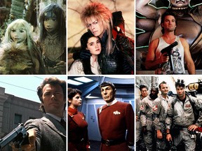 Scenes from cult films. Clockwise from top left: The Dark Crystal (1982), Labyrinth (1986), Big Trouble in Little China (1986), Ghostbusters (1984), Star Trek II: The Wrath of Khan (1982), and Dirty Harry (1971).