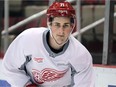 Detroit Red Wings rookie Dylan Larkin takes part in a drill during practice at Joe Louis Arena in Detroit, MI. on Feb. 10, 2016.