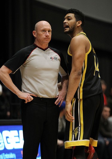 The London Lightnings Kevin Loiselle objects to a foul call while taking on the Windsor Express during the Clash at the Colosseum at Caesars Windsor on Wednesday, February 3, 2016.