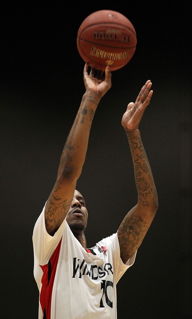 The Windsor Express' Brandon Robinson fires a free throw against the London Lightning during the Clash at the Colosseum at Caesars Windsor on Wednesday, February 3, 2016.