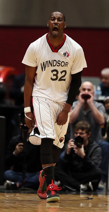 The Windsor Express' Kirk Williams Jr. reacts after scoring against the London Lightning during the Clash at the Colosseum at Caesars Windsor on Wednesday, February 3, 2016.