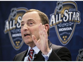 NHL commissioner Gary Bettman speaks at a news conference before the NHL All-Star hockey game skills competition Saturday, Jan. 30, 2016, in Nashville, Tenn.