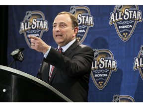 NHL commissioner Gary Bettman takes a question during a news conference before the NHL All-Star hockey game skills competition Saturday, Jan. 30, 2016, in Nashville, Tenn.