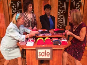 Janet Martin (Iowa Housewife), left, Nicole Robert (Earth Mother), Michelle E. White (Professional Woman) and Jayne Lewis (Soap Star) battle at the bra table in Menopause The Musical.