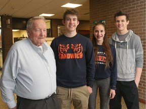 From left,  Bill Van Wyck along with Sandwich Secondary students Lucas Scarfe, and Sylvia Dean and Logan Panec on Thursday February 11, 2016. Van Wyck has donated funds to help outstanding local student athletes make the trip for the Rio Olympics.