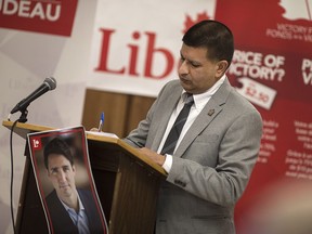 Jeewen Gill, president of the Windsor-Tecumseh Federal Liberal Riding Association, takes notes while at the association's annual meeting at the Forest Glade Arena, Saturday, Feb. 27, 2016.