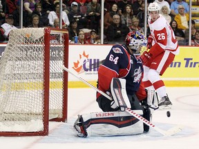 Windsor Spitfires goaltender Michael DiPietro prepares to make a save as Soo Greyhounds forward Tim Gettinger looks on during first-period action Friday, Sept. 25, 2015 at Essar Centre in Sault Ste. Marie, Ont.