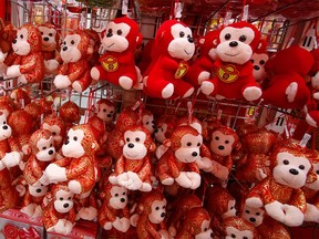 Stuffed monkey toys on display in Malaysia on Feb. 4, 2016. Monday, Feb. 8, is the start of the Lunar New Year - the Year of the Monkey, according to the Chinese calendar.