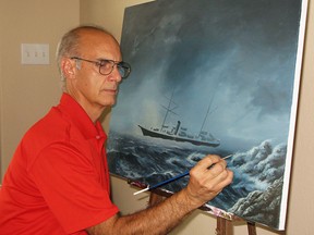 Peter Rindlisbacher is shown painting the Royal Mail ship RHONE at a popular wreck site in the British Virgin Islands where he and his wife Ellen were married. “In the 1860s the poor ship was caught by a hurricane, survived the first onslaught, decided to run to seaward in the eye of the storm, and almost made its turn around an island before it was hurled in-shore with great loss of life,” he explains. Footage of the wreck appears in the 1977 movie The Deep, which starred Jacqueline Bisset, Robert Shaw and Nick Nolte. - From War of 1812: The Marine Art of Peter Rindlisbacher