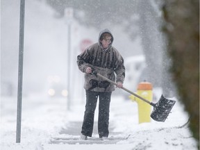 A woman puts her shovel to use on a sidewalk on Moy Avenue in Windsor in January 2016.