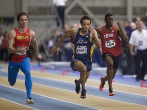 Windsor's Jaiden Brown, second-left, competes in the Men's 60 metre run at the OUA Track and Field Championships at the Dennis Fairall Fieldhouse, Saturday, Feb. 27, 2016.
