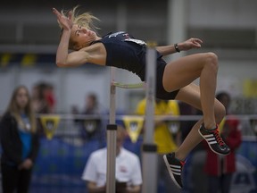 University of Toronto's Danielle Delage competes in the women's high jump at the OUA Track and Field Championships at the Dennis Fairall Fieldhouse, Saturday, Feb. 27, 2016.