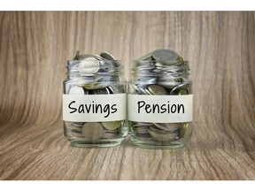 Two glass jars with coins labelled Savings and Pension. Photo by fotolia.com.