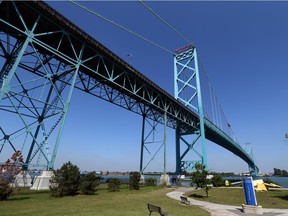 Ambassador Bridge as seen over the Detroit River on July 28, 2015.