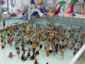 WINDSOR, ONTARIO - JUNE 18, 2015 -Students from Roseland Public School, Hetherington Public School, and St. Anne French Emersion School were  were among the 40,000 swimmers in 24 Countries participating in the 6th world record attempt for the Largest Global Swimming Lesson on June 18, 2015.    The Windsor International Aquatics and Training Centre and Adventure Bay was the location for todays event. (JASON KRYK/The Windsor Star)