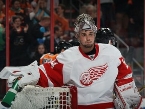 Petr Mrazek #34 of the Detroit Red Wings pauses after giving up a goal to Michael Raffl #12 of the Philadelphia Flyers at 7:01 of the third period at the Wells Fargo Center on March 15, 2016 in Philadelphia, Pennsylvania.